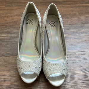 Peep toe rhinestone embellished silver metallic heels